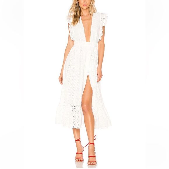 MAJORELLE Mistwood Dress in White eyelet midi wrap Revolve S - Picture 1 of 11